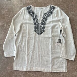 NWT Jaclyn Smith White Linen blend boho Tunic Top Size Large Embroidered Trim